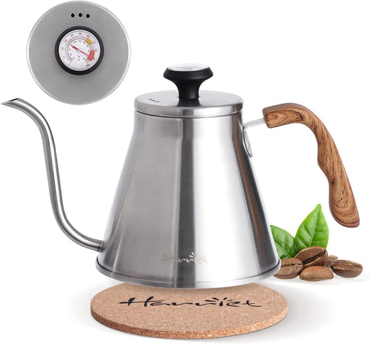 Harriet Gooseneck Kettle with Thermometer for Pour Over Coffee and Tea, 37 fl oz, Stainless Steel, Durable 3-Layer Base,