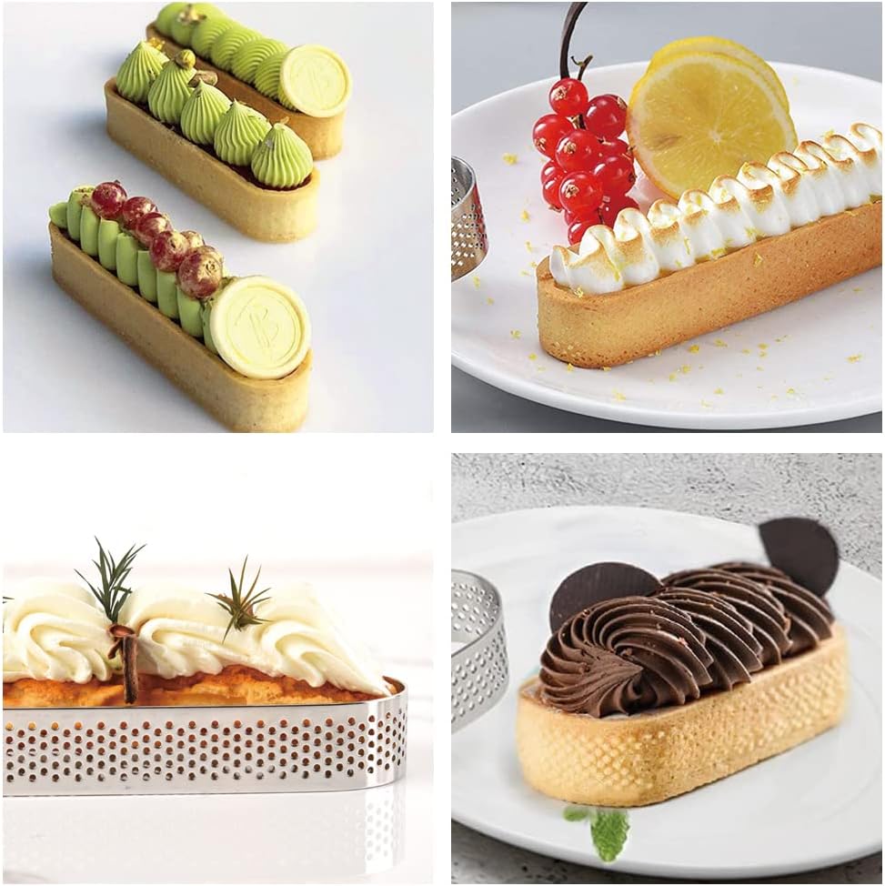 Oval Tart Ring 304 Stainless Steel 6pcs Thickened Perforated Pastry Cake Ring Mold for Baking Nonstick Fruit Tarte Crust Tools - 5 inch (13cm)