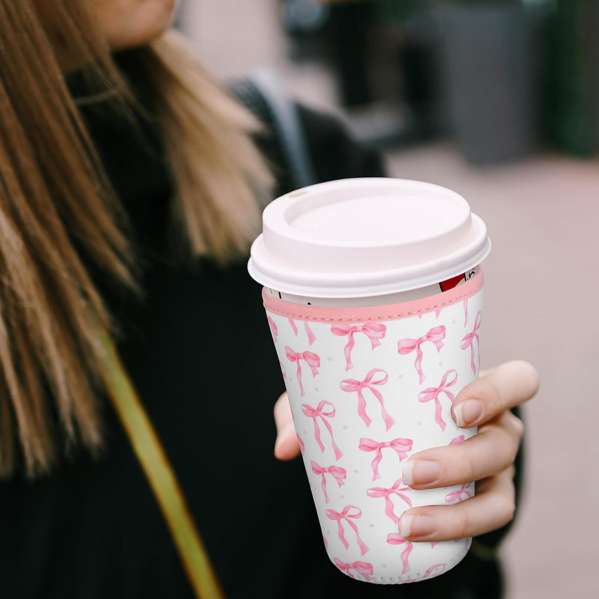 Silifine 8 Pcs Pink Bow Iced Coffee Sleeve Reusable Neoprene Insulatord Cup Sleeve Coquette Bow Reusable Coffee Insulator Sleeves Holder for Cold Beverages Cups Cold and Hot Drinks, 22-24 oz