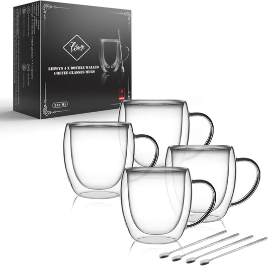 LIBWYS 4 Pack 250ml Double Walled Glass Coffee Mugs with 4 Spoons, Cappuccino Latte Tea Cups with Handle, Heat Resistant