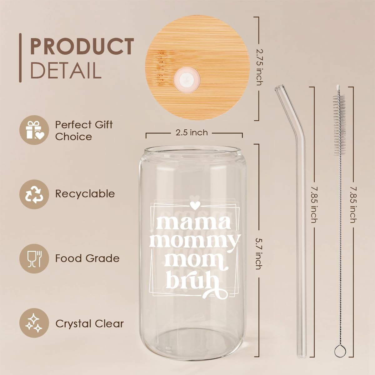 SANDJEST Mother Glass Can, Mama Mommy Mom Bruh Cup with Lid &amp; Straw, Iced Coffee Aesthetic Cups, Idea Gift for Christmas Birthday Mother Day, Gifts for Women, 16oz