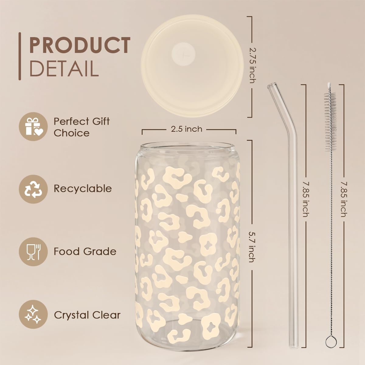 SANDJEST Leopard Glass Can, Beige Leopard Print Cup with Lid &amp; Straw, Iced Coffee Aesthetic Cups, Gift for Christmas Birthday Mother Day, Gifts for Women, 16oz