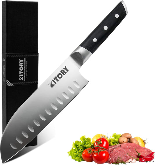 Kitory Santoku Knife - 7 Inch Full Tang GRANTON BLADE Kitchen Knife - Chef Knife for Chopping Vegetables- Forged German High