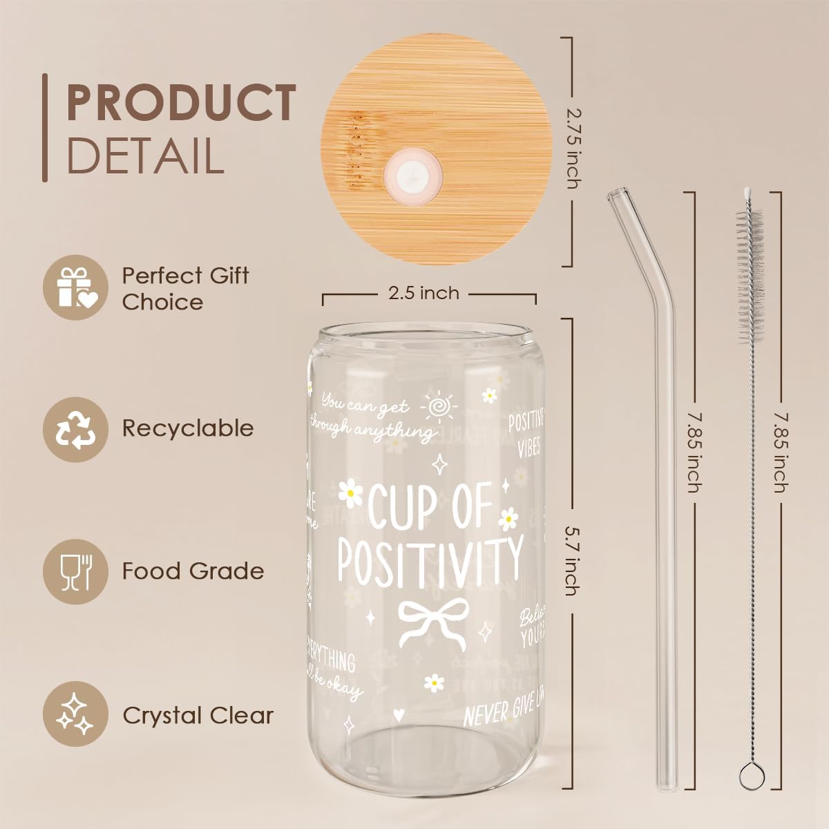 SANDJEST Inspiration Glass Can, Positive Motivational Cup with Lid &amp; Straw, Iced Coffee Aesthetic Cups, Gift for Christmas Birthday Mother Day, Gifts for Women, 16oz
