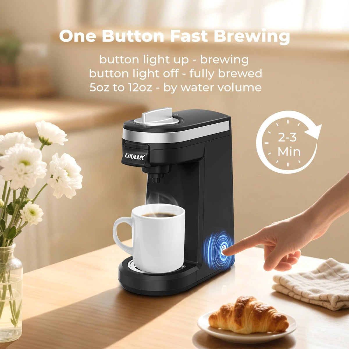 CHULUX Mini Single Serve Coffee Maker for K Pod, Brew Up to 12oz Cup, Black | Fast-Heating Boiler System, Single Cup Brewing, Portable Compact Design, Four-Hole Multi-Stream Needle, Adjustable Drip Tray