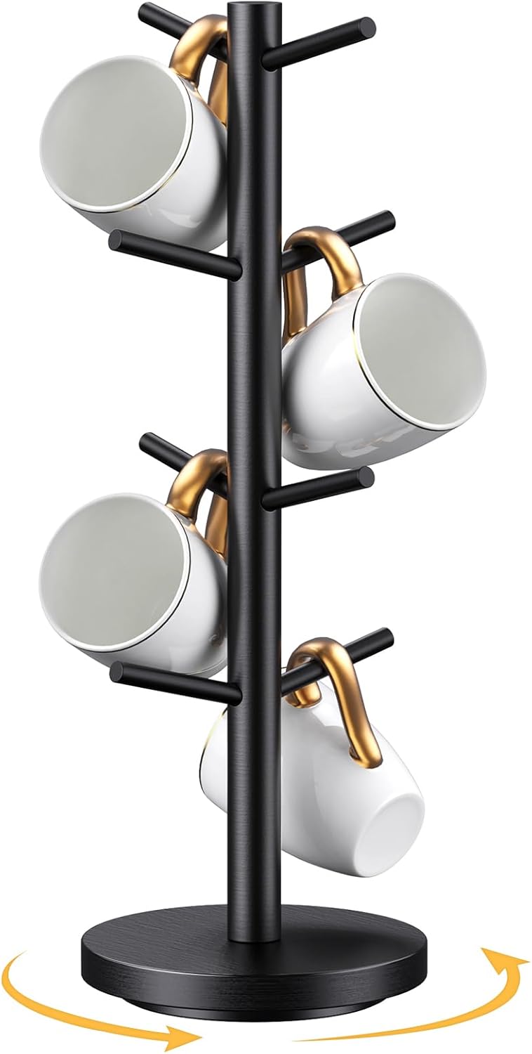 Coffee Mug Holder Tree, Upgraded 360° Rotated Coffee Cup Holder for Counter, Wood Coffee Mug Tree, Coffee Mug Rack with 8