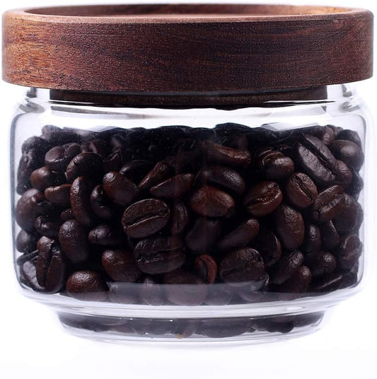 Glass Coffee Containers, 8.5 FL OZ/250 ml Kitchen Serving Food Storage Canister with Sealed Wooden Lid, BPA-Free Clear Glass