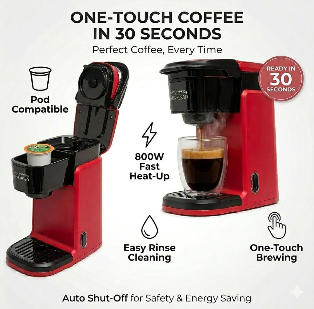 Mixpresso Single Serve Coffee Maker K Cup Coffee Maker for K Pods &amp; Grounds | Compact 800W Red Coffee Machine with 12 Oz Water Tank, Fast Brew &amp; Auto Shut-Off, Small Design for Travel, Office, RV &amp; Dorm