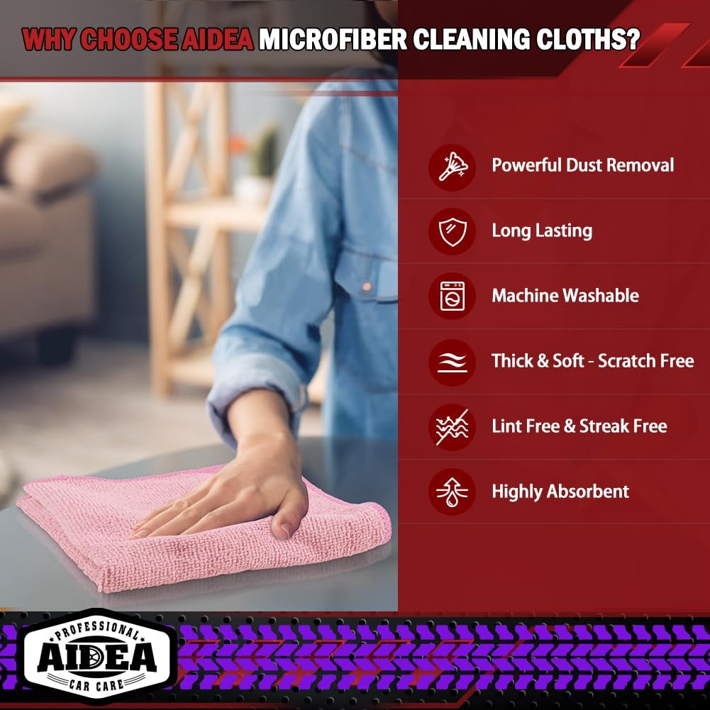AIDEA Microfiber Cleaning Cloth Pink 20PK, Microfiber Towels 12×12"