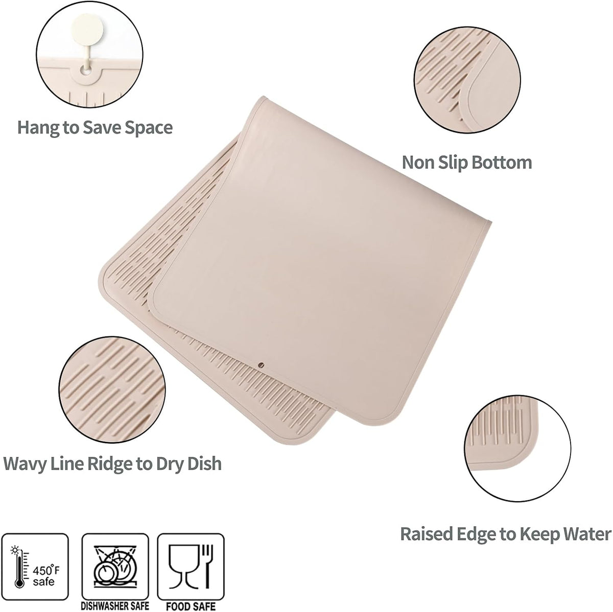 Silicone Dish Drying Mat for Multiple Usage,Easy clean,Eco-friendly,Heat-resistant Silicone Mat for Kitchen Counter or Sink,Refrigerator or Drawer Liner Tapioca 5XL 36inches x 18inches
