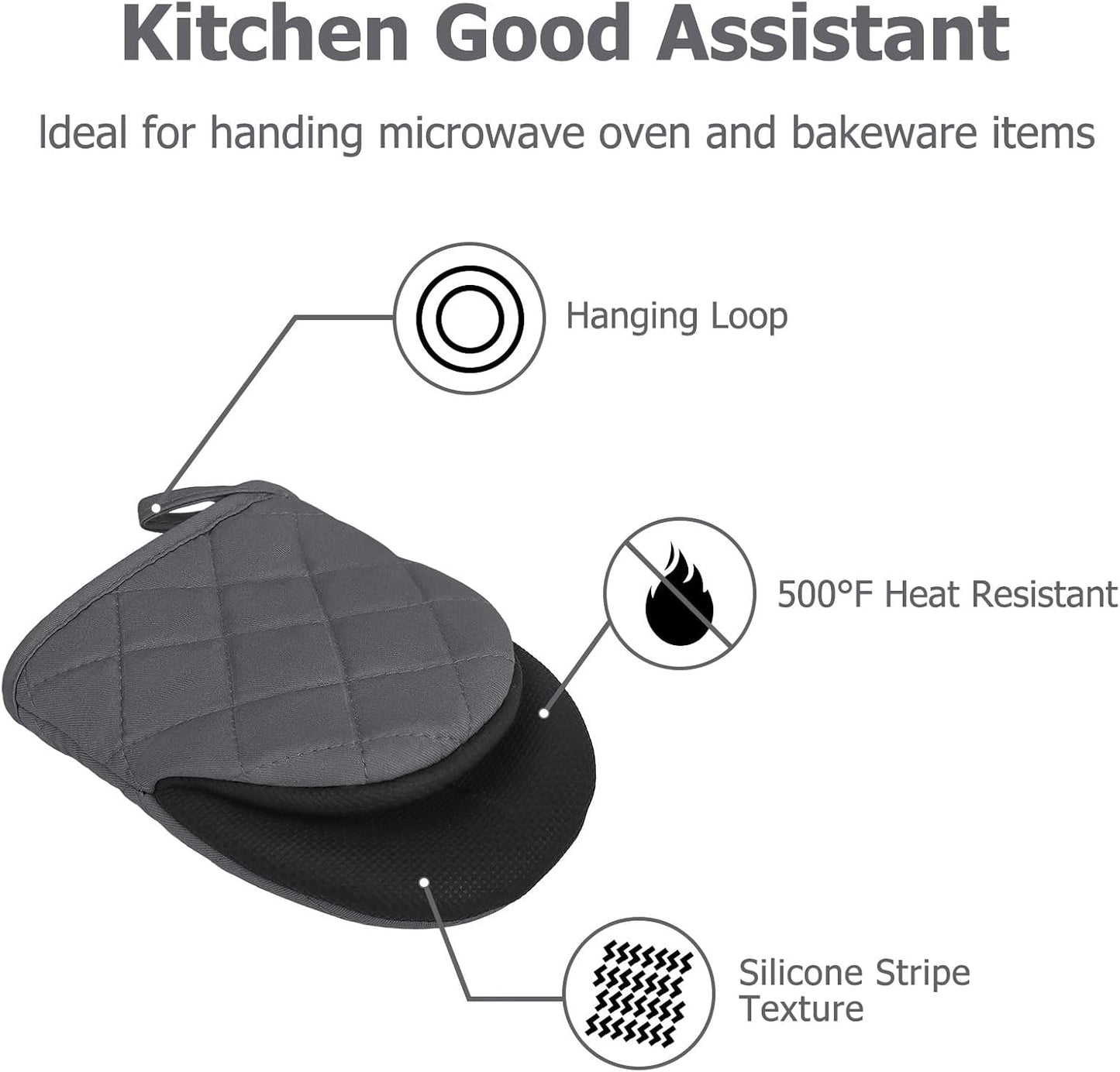 Goldmeet Mini Oven Mitts 2-Pack, 7"x5.5", 500°F Silicone Grip, Cement Gray