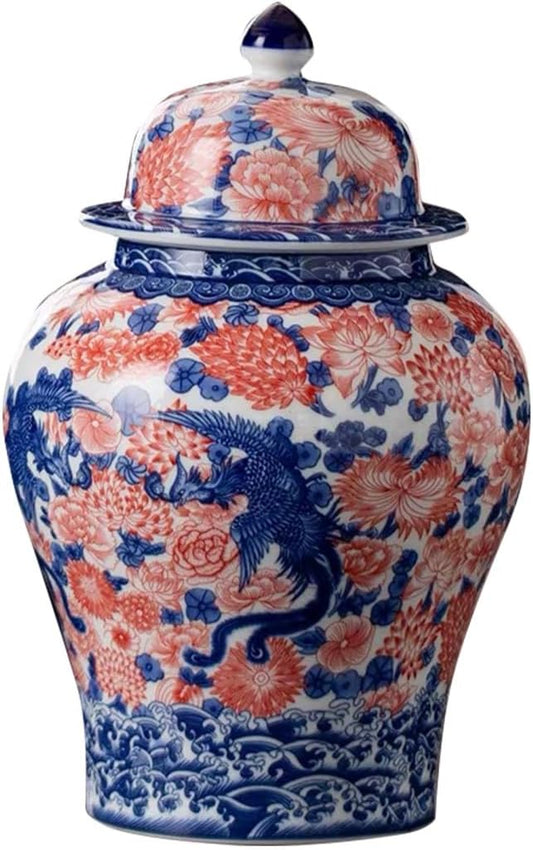 8 inches Phoenix Ginger Jar - red Ceramic Decorative with Lid flower vase， chinoiserie gift Enamel jars for
