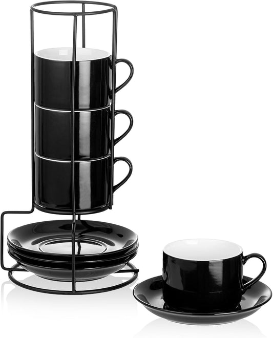8oz Porcelain Stackable Cappuccino Cups with Saucers and Metal Stand Set of 4, Coffee Cups for Espresso, Specialty Coffee