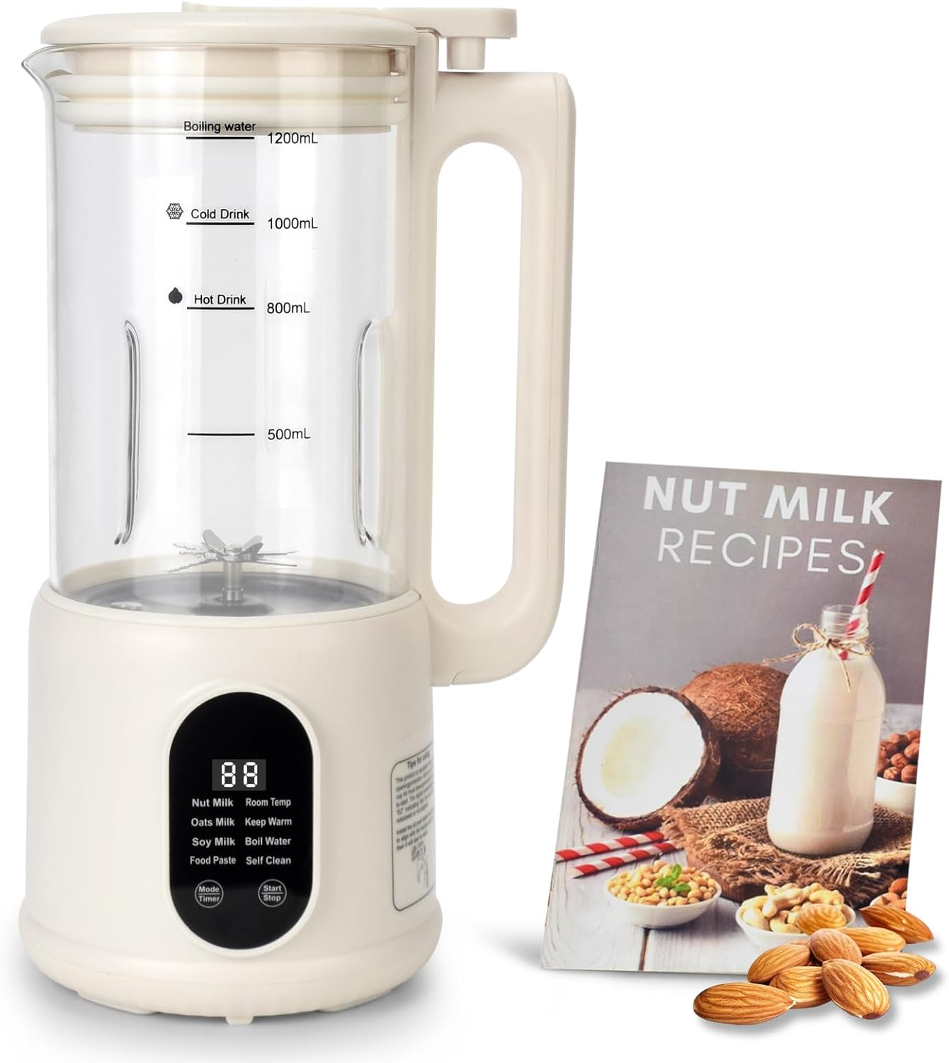 Automatic Nut Milk Maker, 8 in1 40oz Soybean Milk Machine for Homemade Almond, Oat, Soy, Coconut, Plant-Based Milk and Non Dairy Beverages, 12 Hours Timer/Auto-clean/Room Temp/Keep Warm/Boil/Low-Noise