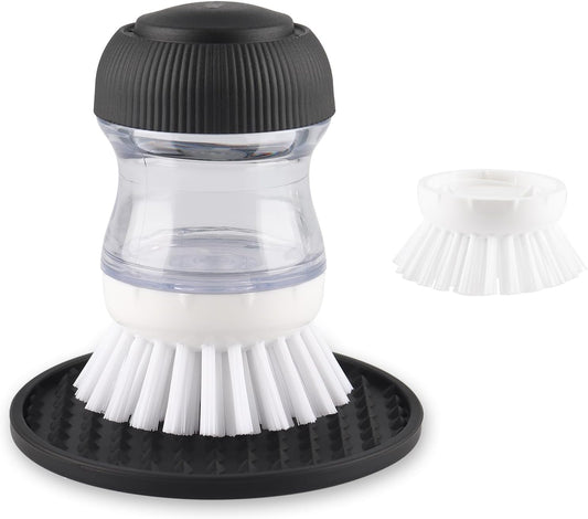 Soap Dispensing Palm Brush, Dish Brush Set with Silicone Drip Tray and One Refill, Kitchen Dish Scrub Brush for Cleaning