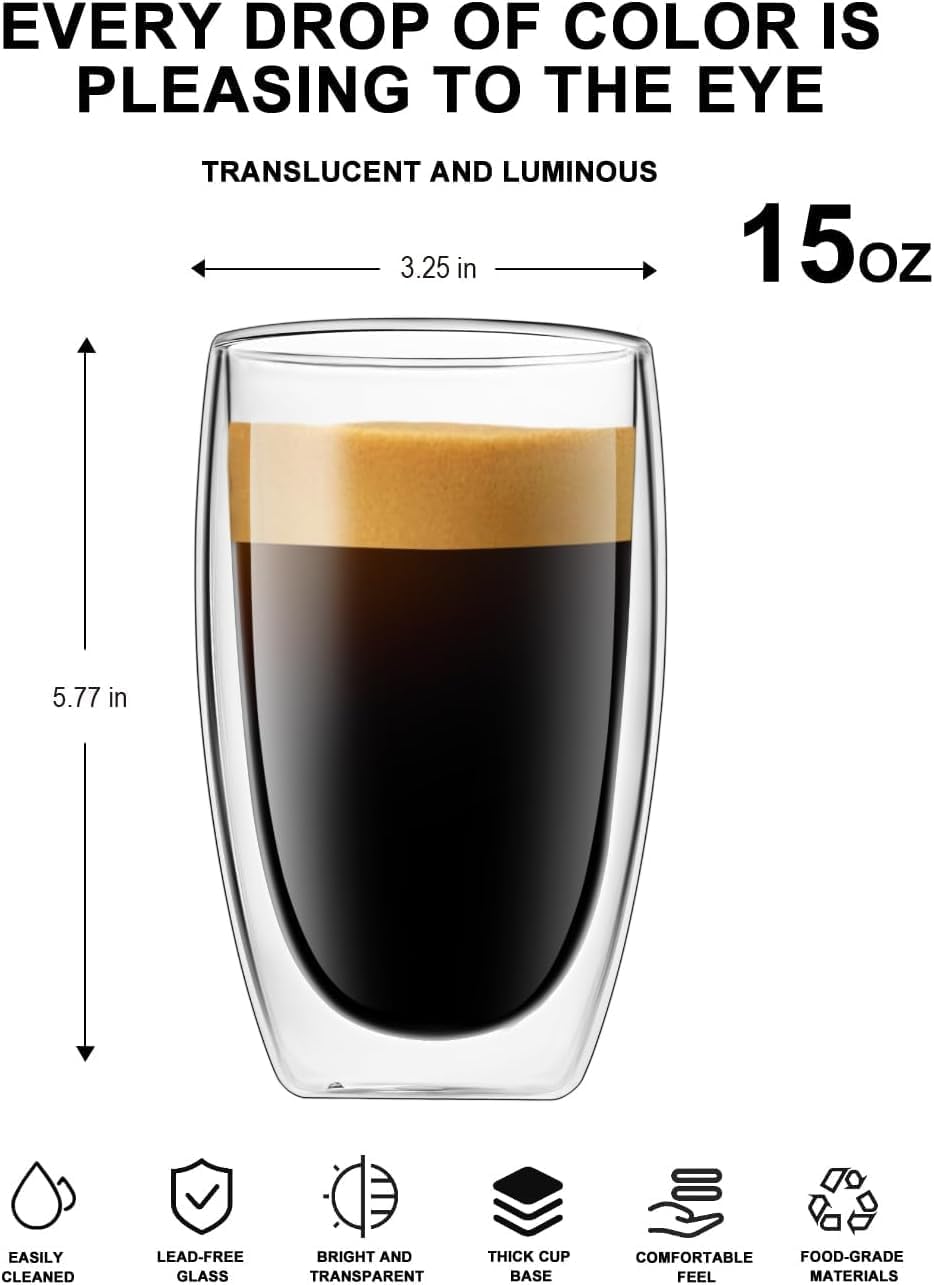 17oz Double Wall Glass Coffee Mugs Set of 2, Insulated Coffee Mug, Clear Borosilicate Glass Coffee Cups for Cappuccino, Tea, Lightweight and Microwave Safe