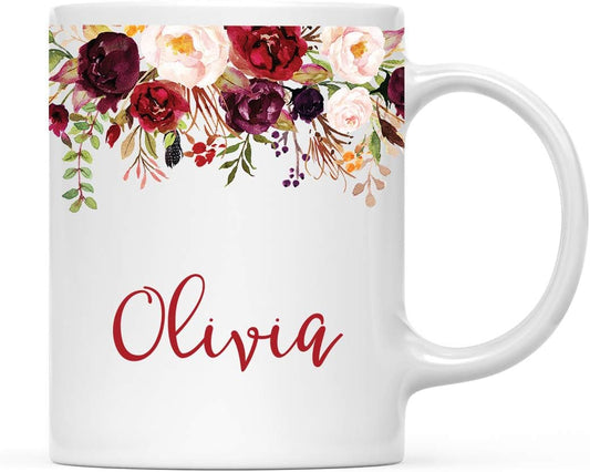 Andaz Press Personalized 11oz. Wedding Ceramic Coffee Tea Mug Bridesmaid Gift, Fall Autumn Marsala Burgundy Flowers Roses