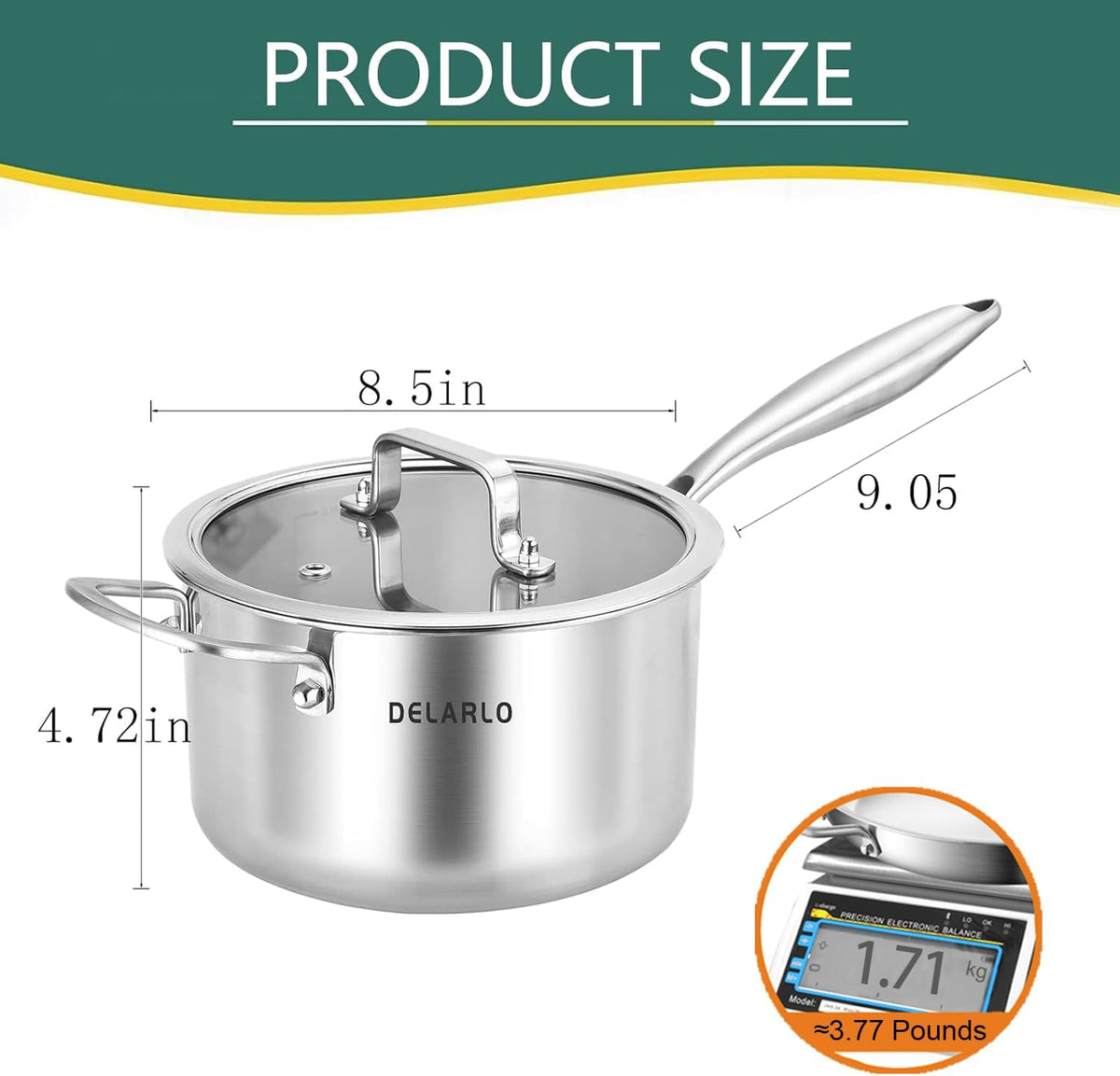 DELARLO Tri-Ply Stainless Steel Saucepan, 3.5 QT Saucepan with Lid, All Stove Compatible 600℉, Induction Sauce Pot, Heavy Duty Saucier Pot, Dishwasher Safe Saucepan, Induction Pot 3.5 Quart, Even Heat