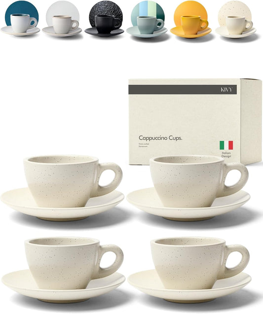 KIVY Cappuccino cups set [4x 8oz] - Thick-walled stoneware cappuccino cup set for latte art - Cappuccino coffee cups - Tazas