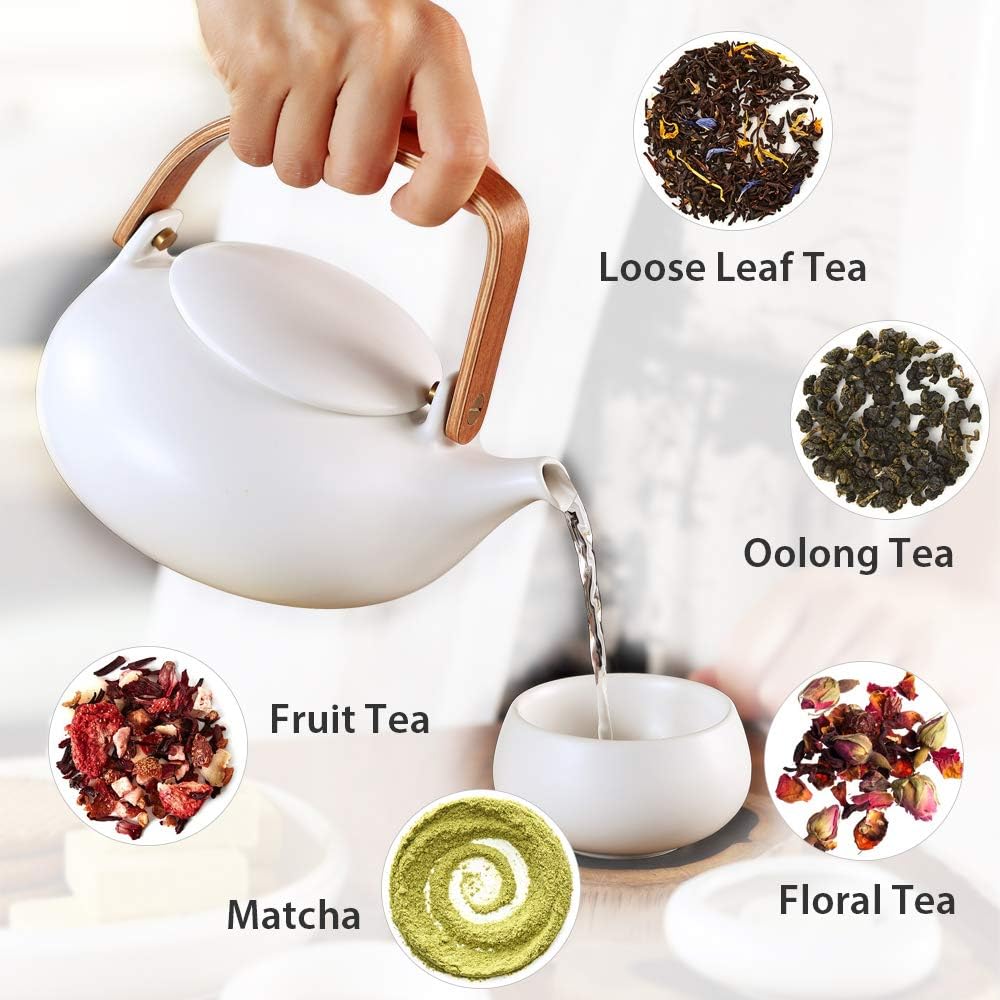 ZENS Ceramic Teapot with Infuser, 27oz Japanese Teapot for Loose Leaf Tea | Matte White Minimalist Tea Pot with Infusers for Loose Tea Steeper for Women Gifts, Modern Bentwood Handle