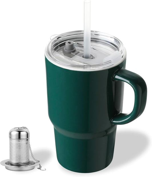 Sweejar Ceramic Travel Mug with Lid, 16 oz Portable Coffee Mug, Dishwasher Safe Tea Cup with Infuser, Reusable Teacup for