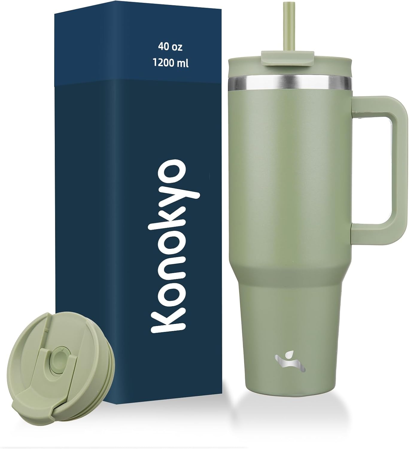 Konokyo 40 oz Insulated Tumbler Water Bottle with Handle, Straw Lid | BPA-free and dishwasher safe; made for gym, travel, coffee and gifting, 2 straws, cup holder friendly,Army Green