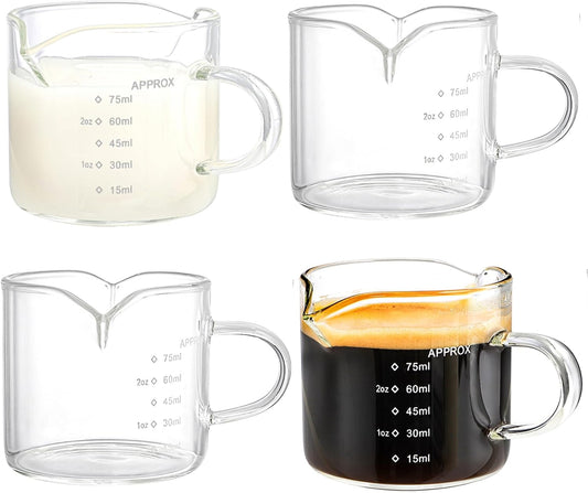 Yarlung 4 Pack Measuring Cups Espresso Shot Glasses, Double Spouts Espresso Cup Glass Graduated 75 ML/ 2.5 OZ for Milk