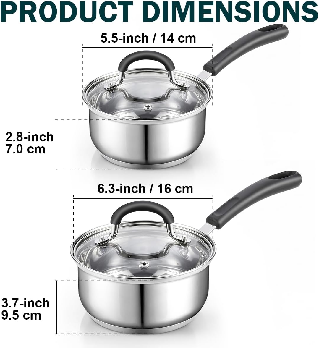 Cook N Home Saucepan Set Sauce Pot With Lid 1QT and 2QT Stainless Steel, Stay Cool Handle, silver