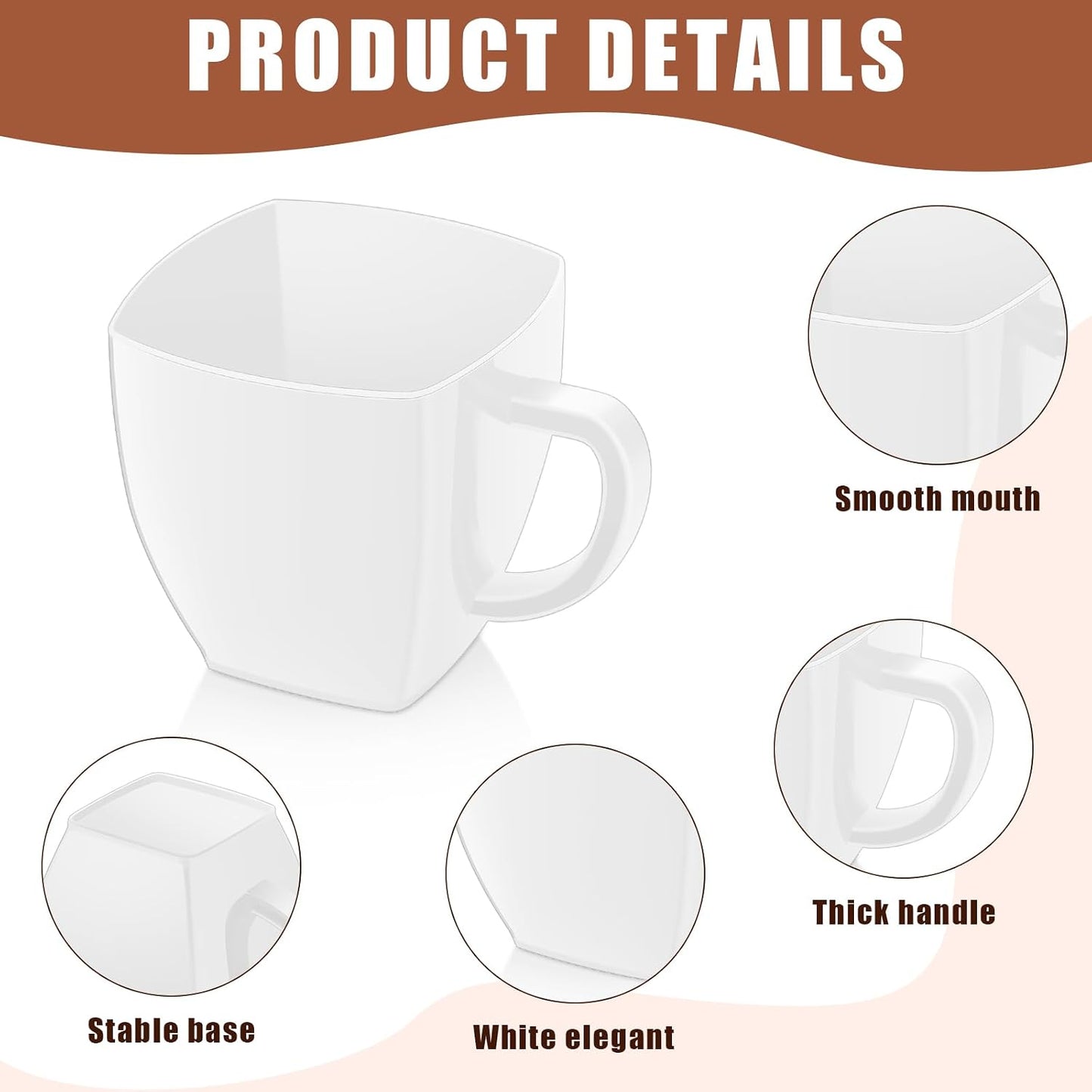 Amyhill 50 Pcs Mini Disposable Tea Cups with Handle, 2oz Hard Plastic Coffee Mug Bulk Plastic Square Disposable Espresso Cups for Wedding Tea Party Catering Dessert Sampling (White)