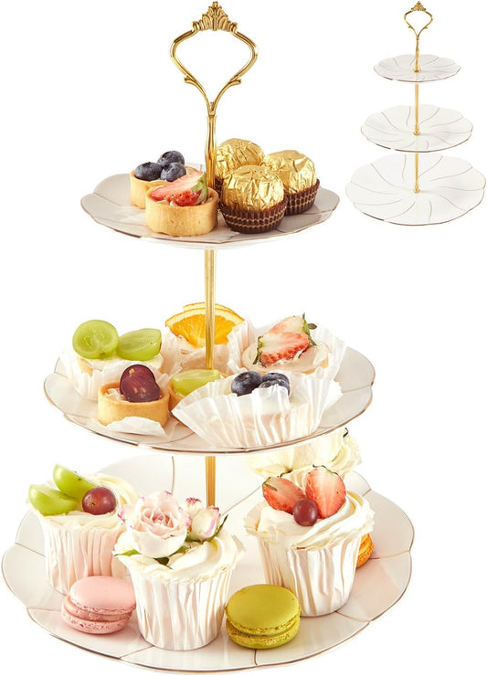 DUJUST Luxury Porcelain 3-Tier Cupcake Stand Tower, British Style Serving Tray with Golden Trim, Food Grade Dessert Display