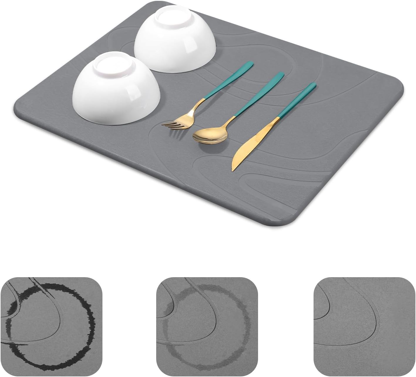 Snuggery Stone Drying Mat for Kitchen Counter 18"x14" (Dark Grey) | Natural diatomaceous earth, fast absorption, quick drying, one-piece design for dishes or under dish racks, non-slip base