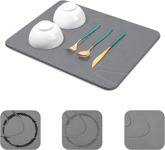 Snuggery Stone Drying Mat for Kitchen Counter 18"x14" (Dark Grey) | Natural diatomaceous earth, fast absorption, quick drying, one-piece design for dishes or under dish racks, non-slip base