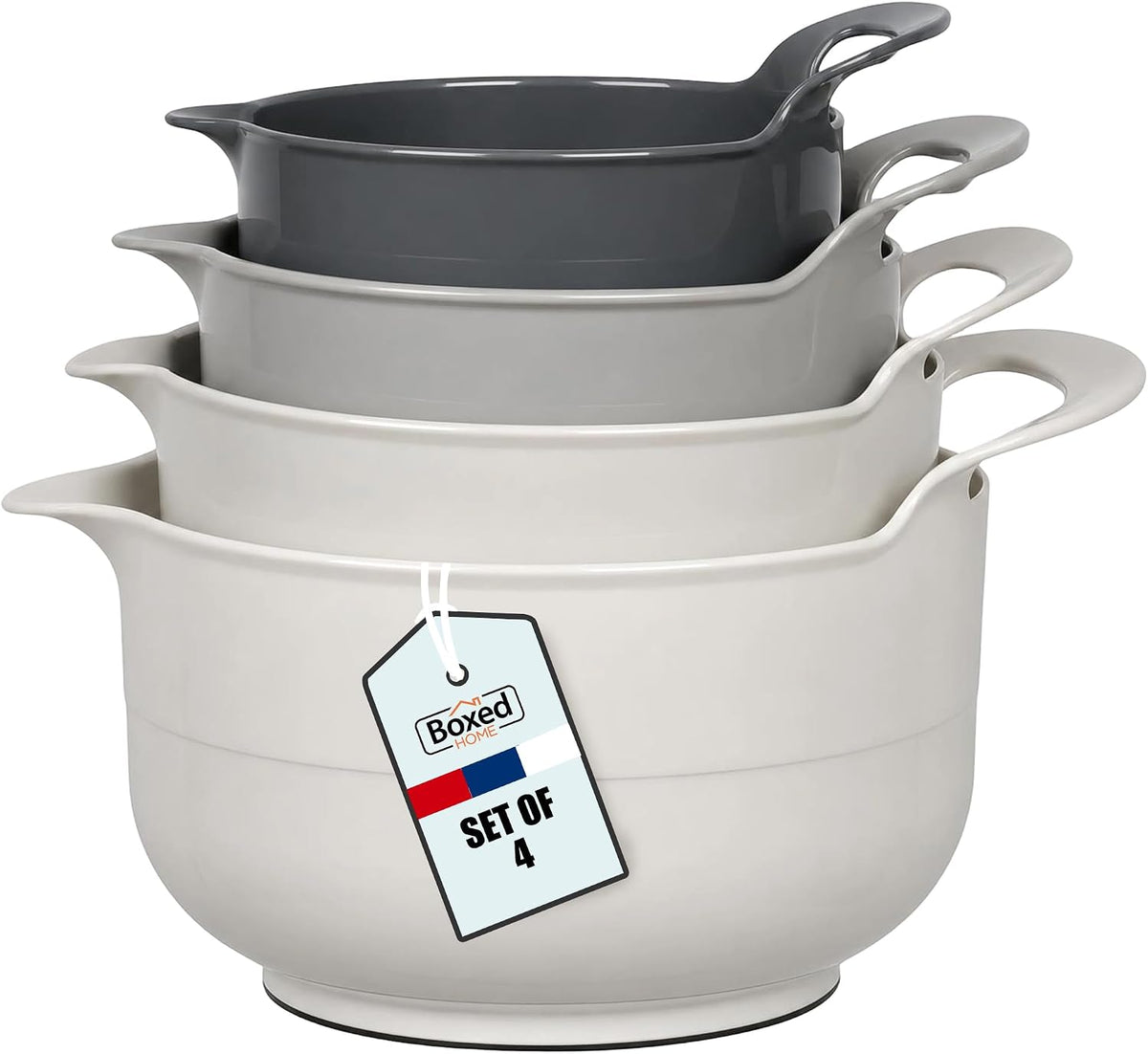 BoxedHome 4 Pack Nesting Mixing Bowl with Pour Spout and Handle, BPA free Microwave &amp; Dishwasher Safe(Grey, 4 Pack with Handle)