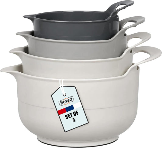 BoxedHome 4 Pack Nesting Mixing Bowl with Pour Spout and Handle, BPA free Microwave &amp; Dishwasher Safe(Grey, 4 Pack with Handle)
