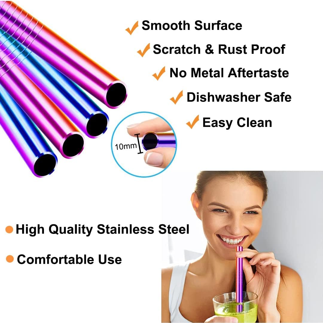 Vinaco 4 Pcs Rainbow 0.4" Wide Bore Reusable Stainless Steel Smoothie Straw