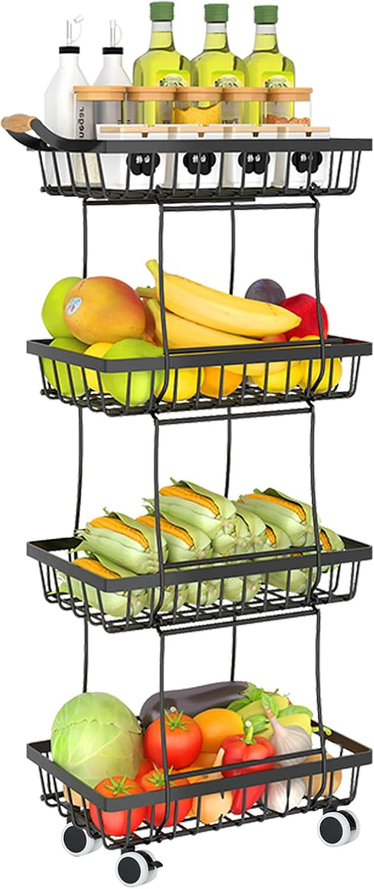 Fruit Vegetable Storage Basket for Kitchen - 4 Tier Slim Stackable Metal Wire Basket Cart with Rolling Wheels Utility Rack
