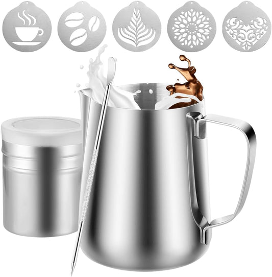4Pieces Stainless Steel Milk Frothing Pitcher Set, Latte Art Barista Steaming Pitchers Set -Include Milk Frother Cup, Latte
