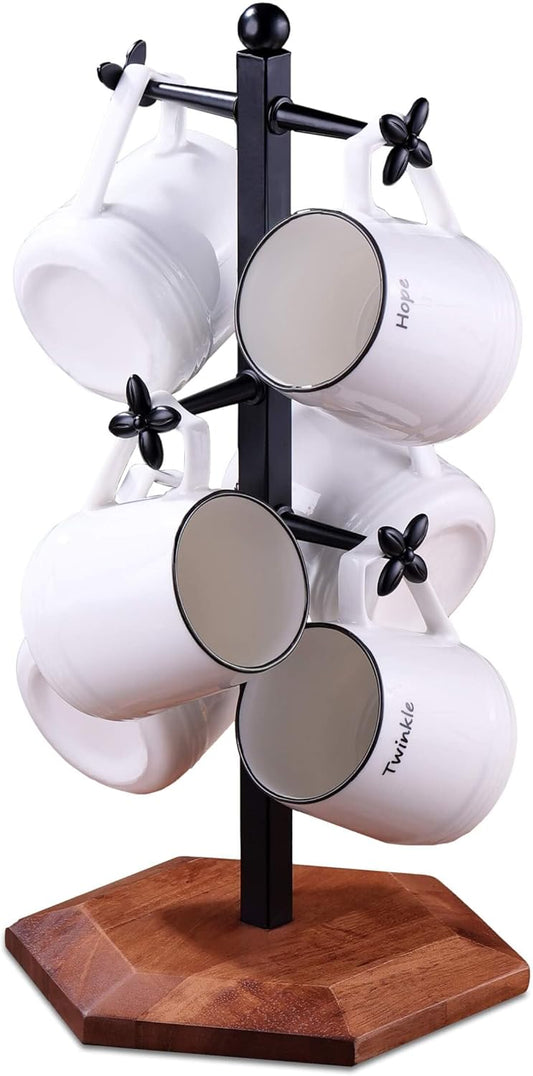 Coffee Mug Holder, Mug Tree for Counter, Cup Holder with 6 Floral Hooks, Wooden Mug Rack, Mug Stand for Counter, Coffee Bar