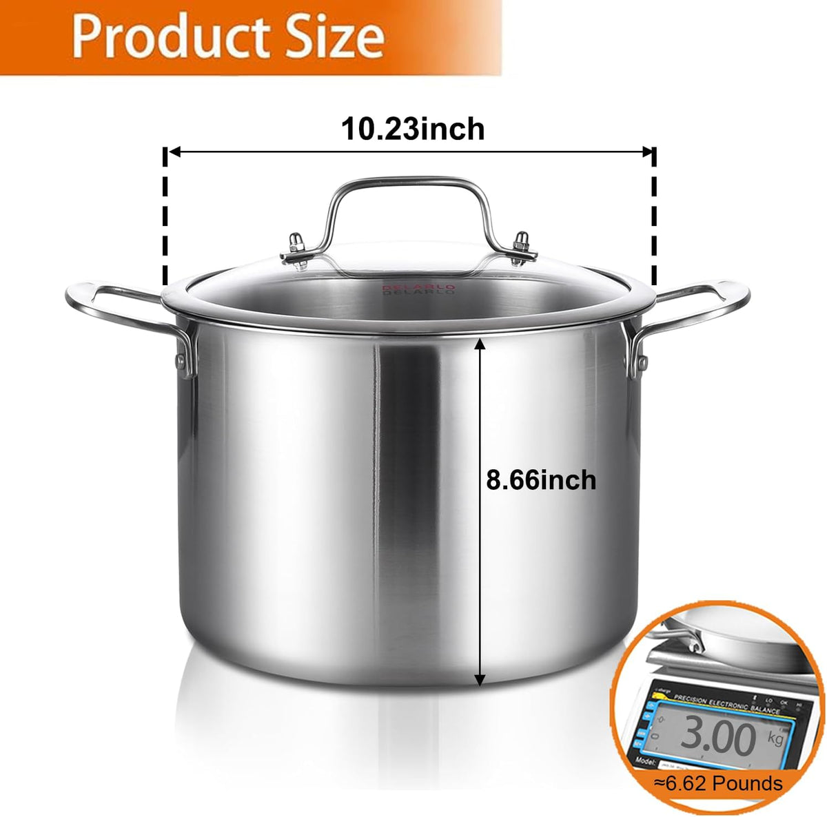 DELARLO Tri-ply Stainless Steel 12 Quart Heavy Duty Induction Stock Pot