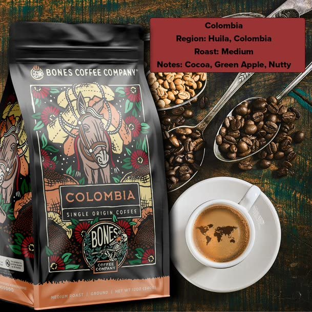 Bones Coffee Company Colombia Single-Origin Coffee, Almonds, Dried Fruit, Vanilla Notes, Flavored Ground Coffee, Medium Roast Low Acid Arabica Beans for Coffee Maker, 12 oz Ground