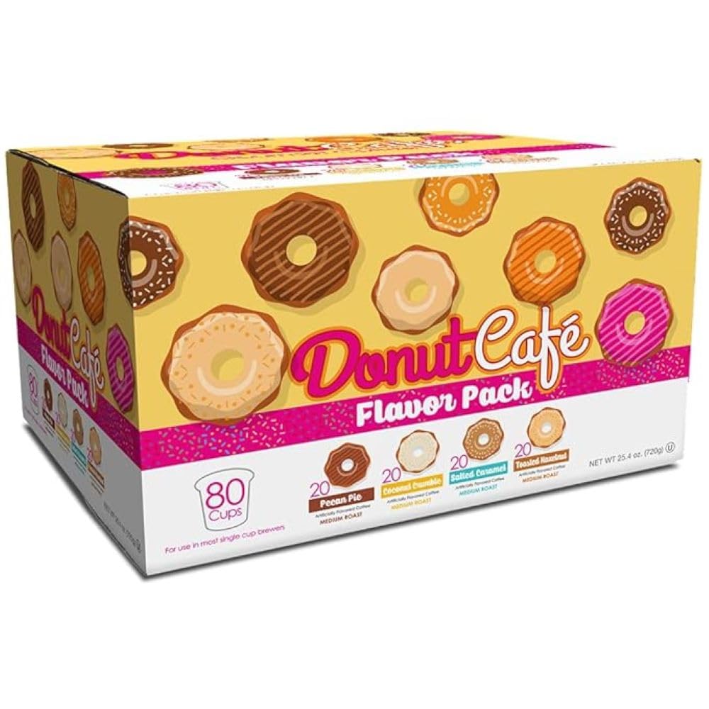 Donut Café K-Cup Coffee Pods, Medium Roast, Flavored Variety, 80 Count | Variety Pack Includes 20 Pecan Pie, 20 Coconut Crumble, 20 Salted Caramel, 20 Toasted Hazelnut, For Keurig K Cup Brewers