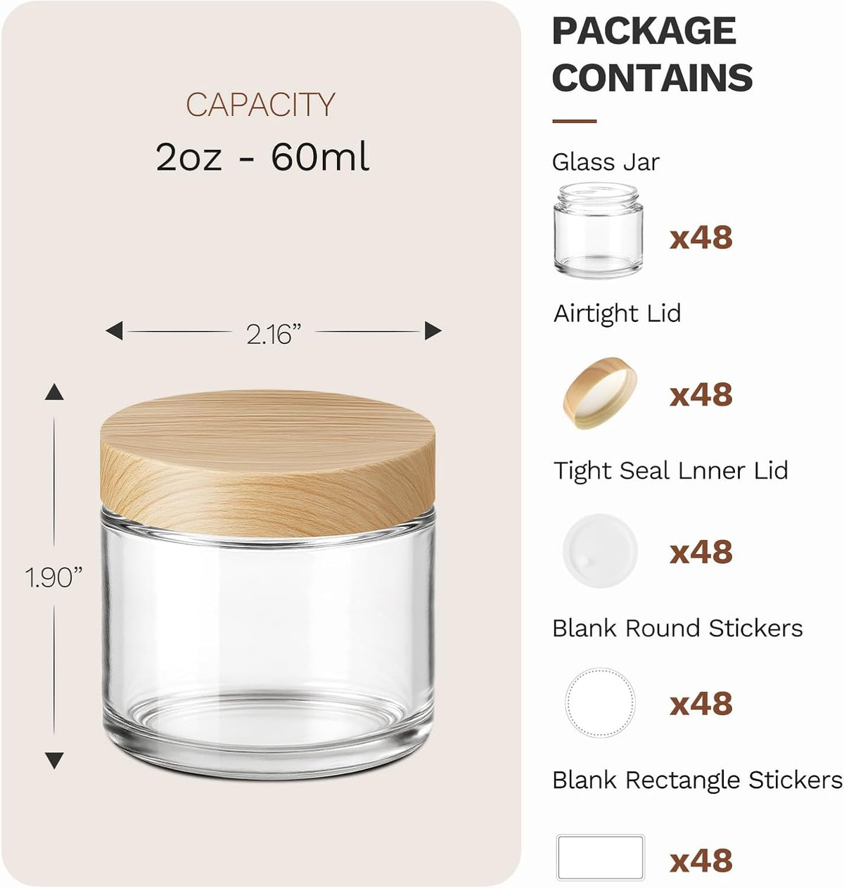 Bumobum 48 Pack 2 oz Small Glass Jars with Plastic Woodgrain Lids