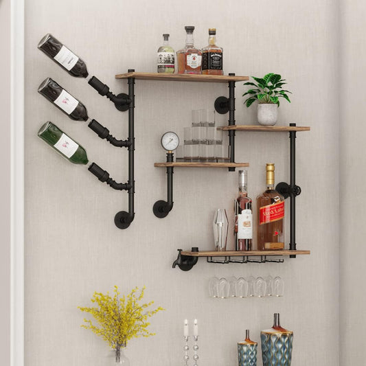 Wall Bar Shelves Industrial Pipe Shelving with 4 Stem Glass Holder, 4-Tiers Rustic Floating Wine Rack Wall Mounted Bar