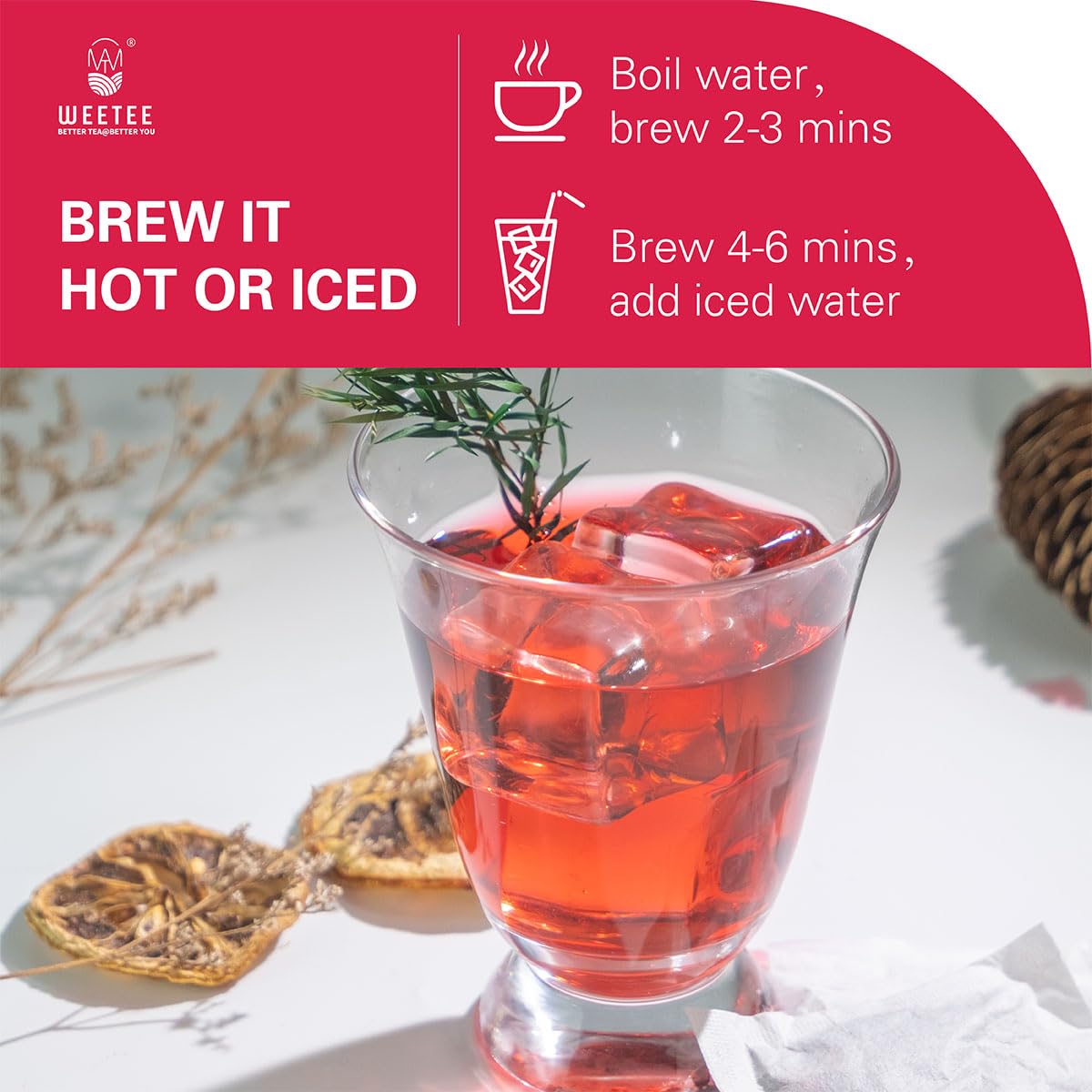 WT WEETEE Hibiscus Tea Bags 100ct, Cold Brew Friendly Pure Hibiscus Flowers | Tangy &amp; Refreshing, 100% Dried Hibiscus Petals with No Additives, Caffeine-Free, Antioxidant-Rich Daily Tea for Hot or Iced