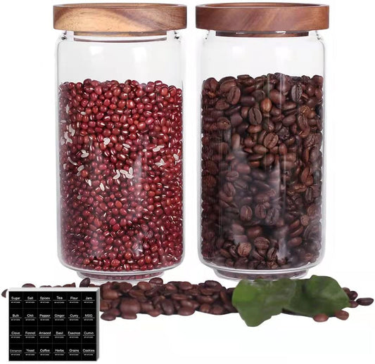 SAIOOL Home Borosilicate Glass Kitchen jars/Canisters with Acacia Wood Airtight Lid Set-2 Pack 30Oz/900ml,Minimalist