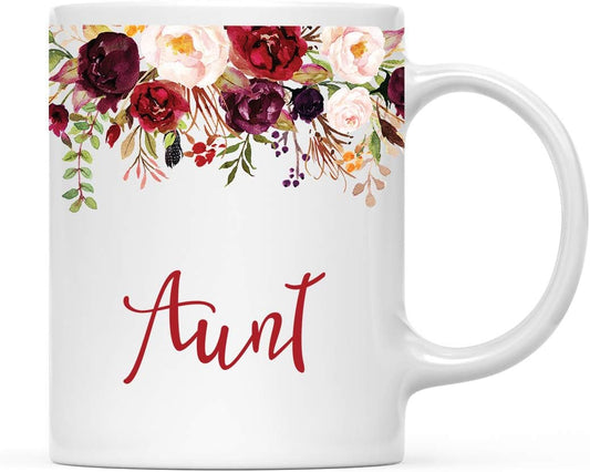Andaz Press 11oz. Mother's Day Ceramic Coffee Tea Mug Gift, Fall Autumn Marsala Burgundy Flowers Roses Florals, Aunt,