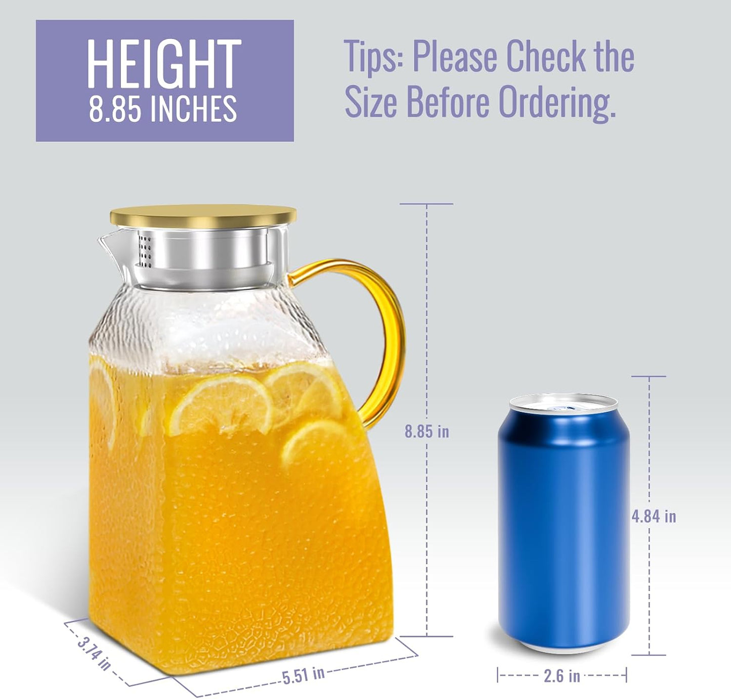 Glass Pitcher With Lid and Spout, 1.8 Liter 60 oz Glass Pitchers With Handle And Lid, Jug Water Pitchers For Fridge, Carafe Jar for Hot/Cold Water Iced Tea Juice Coffee Milk Beverage