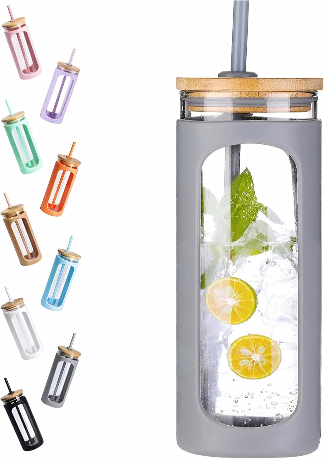 Kodrine 20oz Glass Water Tumbler with Straw and Lid, Bamboo Lids Water Bottle, Iced Coffee Cup Reusable, Wide Mouth Smoothie Cups with Protective Silicone Sleeve BPA FREE-Grey