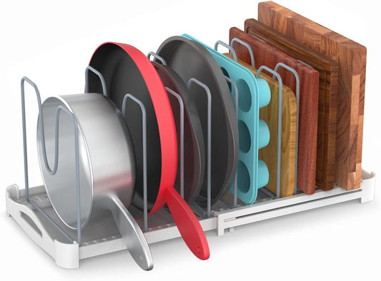 EVERIE Adjustable Bakeware Organizer Pot Lid Holder Rack for Pots, Cake Molds, Cutting Boards, Mats, Cookware, GS02SS, 7.7''