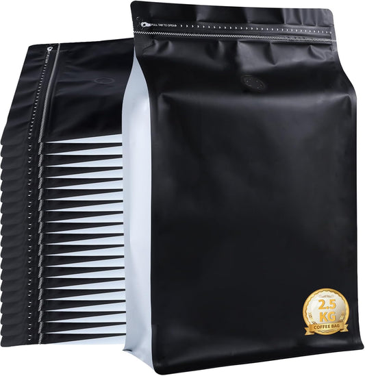 New 2.5 KG Large Capacity Coffee Bags with Valve (50 PCS) Black Sides White High Barrier Aluminum Foil Flat Bottom Standing